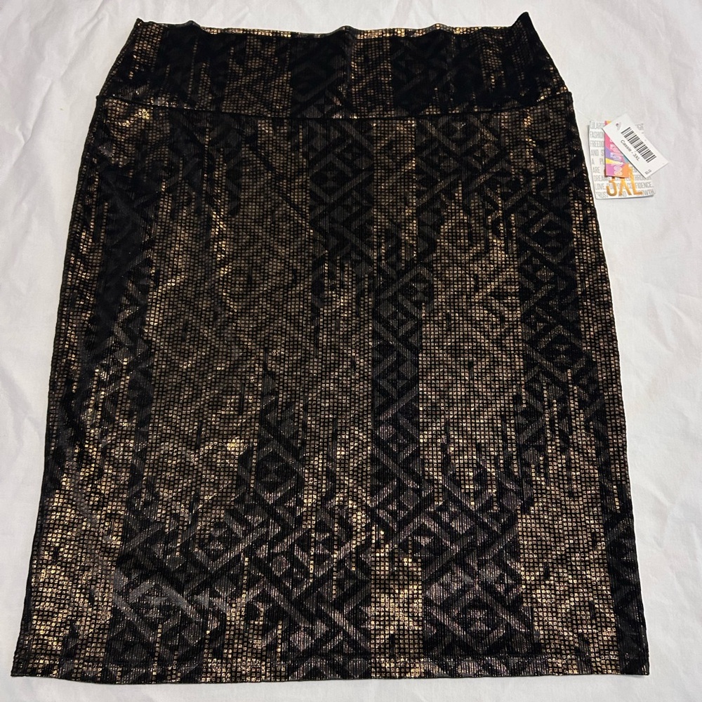 NWT LuLaRoe Elegant Cassie black gold metallic geometric pattern skirt size 3x